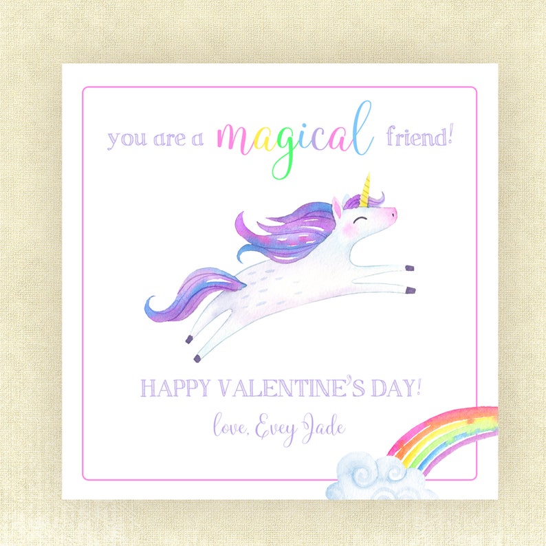 May include: A white unicorn with a purple mane and tail jumps over a rainbow. The card reads "You are a magical friend! Happy Valentine's Day! Love, Evey Jade".