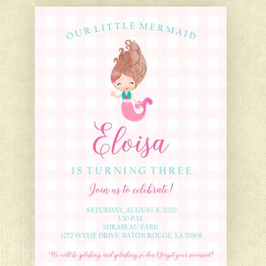 May include: A pink and blue birthday invitation for a girl turning three. The invitation features a cartoon mermaid with brown hair and a pink tail. The text on the invitation reads "Our Little Mermaid Eloisa is turning three. Join us to celebrate! Saturday, August 8, 2020 3:30 p.m. Mirabeau Park 1272 Wylie Drive, Baton Rouge, LA 70808 We will be splishing and splashing so don't forget your swimsuit!"