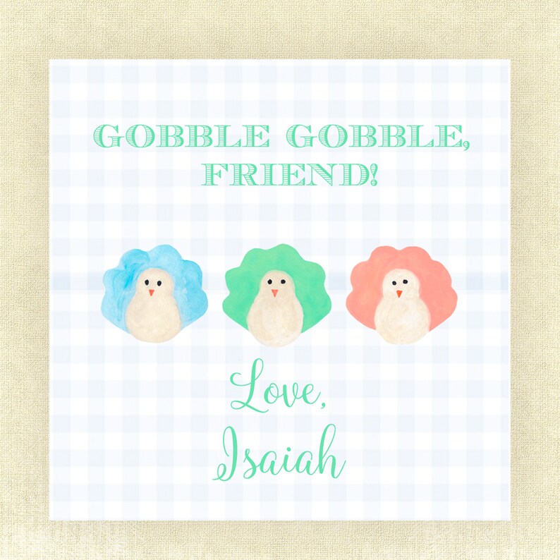May include: A Thanksgiving card with three cartoon turkeys in blue, green, and pink. The card says "Gobble Gobble Friend!" and is signed "Love, Isaiah".