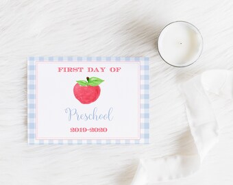 First Day of School Sign, Digital Print, First Day of Preschool sign, Apple Print, Back to School Book Print, Watercolor Back to School