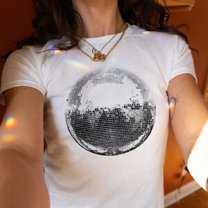 Disco Ball 90s Baby Tee, Mirror Ball Tee, Women's Fitted Tee, Unisex Shirt, Y2K Clothing, Trendy Top, Retro Shirt, Y2K 90s Baby Tee