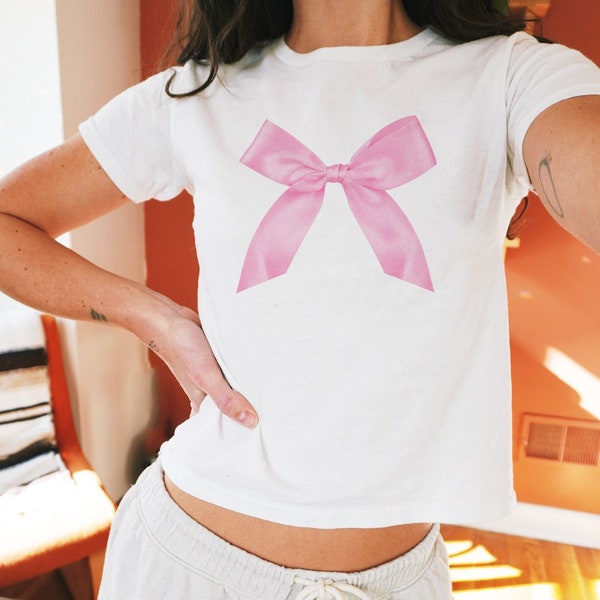 Coquette Pink Bow Baby Tee, Pink Ribbon 90s Baby Tee, Women's Fitted Tee, Aesthetic Pink Bow Shirt, Short-fit Baby Tee, y2k Bow Baby Tee