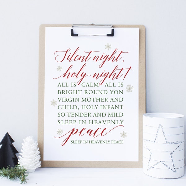 Silent night, Holy night, Christmas Printable Art decor, Christmas Sign, Holiday typography decor, Red and Green decor, xmas song