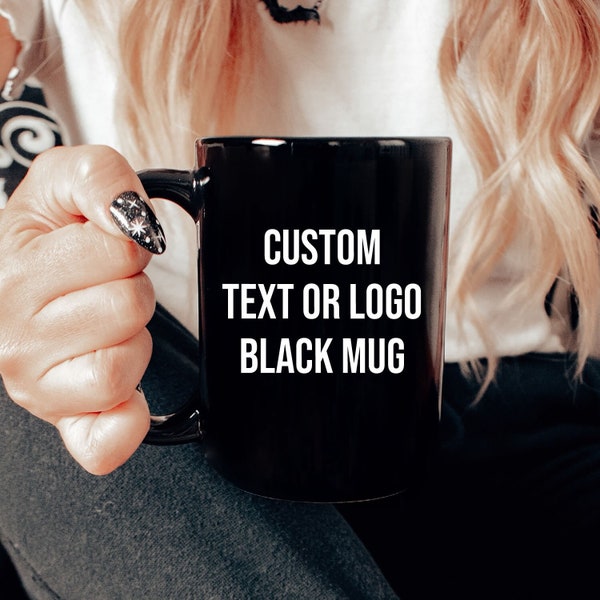 Texte personnalisé ou tasse noire de logo, tasse brillante noire personnalisée, cadeau noir de tasse, cadeau pour lui, cadeau pour elle, tasse de café noire