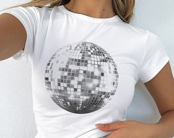 Disco Ball Baby Tee, Mirror Ball Tee, Women's Fitted Tee, Unisex Shirt, Y2K Clothing, Trendy Top, Retro Shirt, Y2K 90s Baby Tee