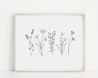 Botanische Linie Kunst druckbar, Linie Blumen Kunst druckbar, Blatt Poster, moderne Kunst Dekor, Wohnkultur, Wand Dekor, minimalistische Kunst, skandinavisch