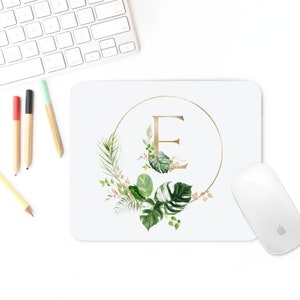 Monogram Mouse Pad, Office decor, Watercolor Tropical Gold mouse pad, Personalized Gift, Round or Rectangle Mouse pad, coworker gift image 4