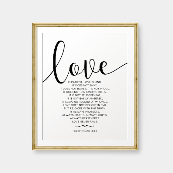 Liefde Is Geduldig Liefde Is Vriendelijk 1 Korintiërs 134 8 Bijbelvers Art Print Wedding Art Christian Wall Art Goud Kleur Digitale Download
