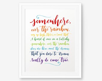 Somewhere Over the Rainbow Printable, Rainbow Color, Nursery decor, Baby shower gift, Children Decor, Bedroom Decor, Nursery rhyme, Lullaby