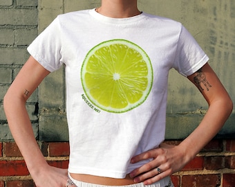 Lime Graphic Baby Tee, Squeeze Me Baby Tee, Women's Fitted Tee, Unisex Shirt, Y2K Clothing, Trendy Top, Retro Shirt, Y2K 90s Baby Tee