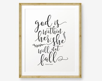 Bible Verse Printable, Psalm 46:5, God is within her she will not fall, Nursery wall art, Children Room Decor
