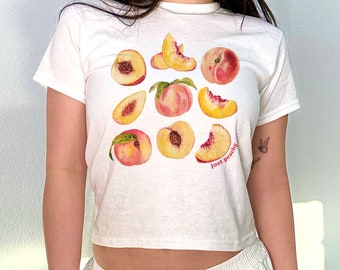 Peaches Graphic 90s Baby Tee, Aesthetic Baby Tee, Women's Fitted Tee, Unisex Shirt, Trendy Top, Retro Shirt, Y2K 90s Baby Tee, Gift for Her