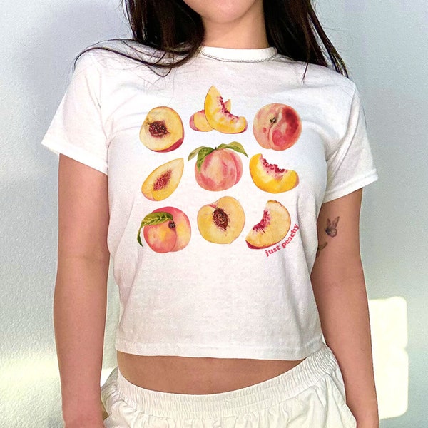 Peaches Graphic 90s Baby Tee, Aesthetic Baby Tee, Women's Fitted Tee, Unisex Shirt, Trendy Top, Retro Shirt, Y2K 90s Baby Tee, Gift for Her