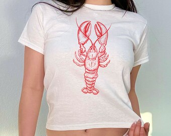 Lobster Graphic Baby Tee, Funny Baby Tee, Women's Fitted Tee, Unisex Shirt, Y2K 90s Baby Tee, Gift for Her, Gift for Friend, Aesthetic Tee