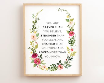 You are braver printable art, Nursery Decor, Kid wall art, Inspirational quote kids wall art