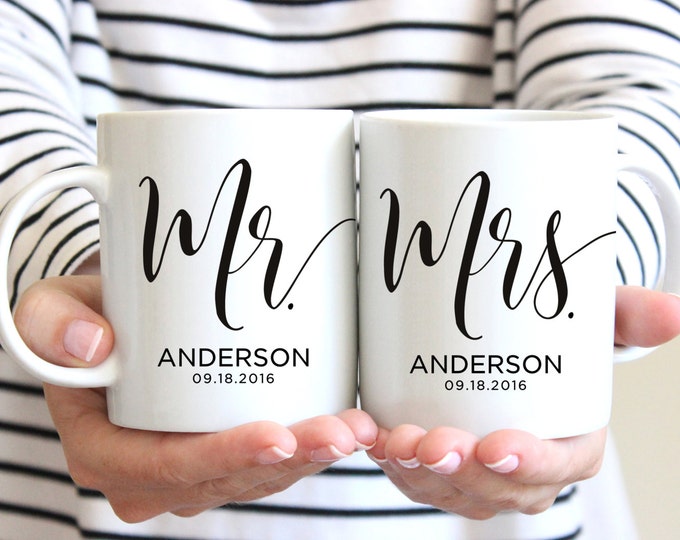 Mr & Mrs Mugs, Custom Wedding Gift, Personalized Wedding Mugs, Engagement Gift, Bride and Groom Mugs, Anniversary Gift