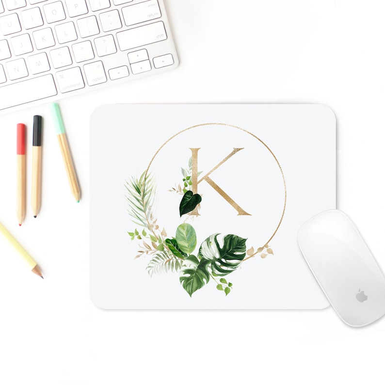 Monogram Mouse Pad, Office decor, Watercolor Tropical Gold mouse pad, Personalized Gift, Round or Rectangle Mouse pad, coworker gift image 2