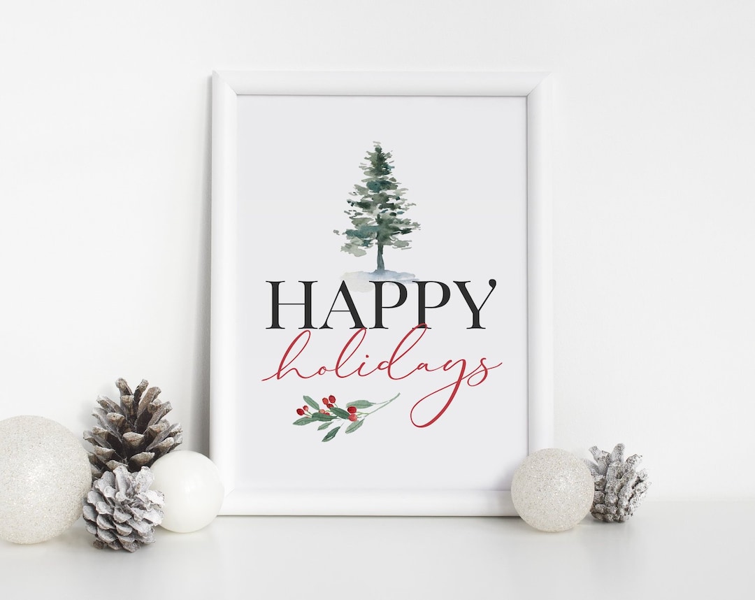 Happy Holidays Printable, Christmas Decor, Christmas Sign, Holiday Typography Decor, Festive ...