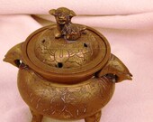 Antique Chinese Triple Footed Bronze Incense Burner Censer With A Guardian Foo Dog Foo Lion Pup On Top