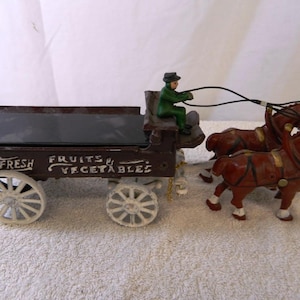 Vintage Cast-Iron &quot;Fresh Fruit & Vegetables&quot; Wagon With Driver And Two Horses