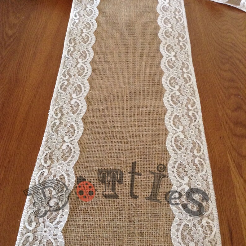 12ft Handmade Narrow Overlocked Lovely Hessian And Lace Table Runner 12ft Handmade Narrow Overlocked Lovely Hessian And Lace Table Runner