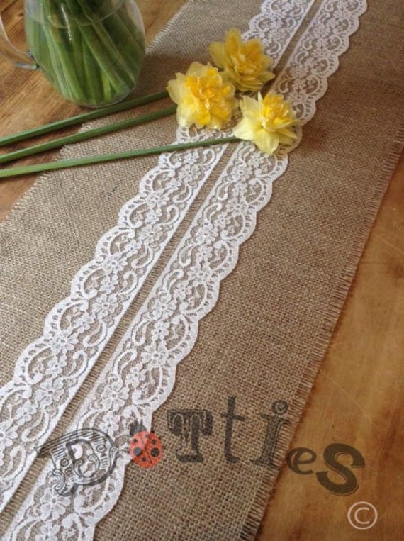 12ft Handmade Narrow Overlocked Lovely Hessian And Lace Table Runner 12ft Handmade Narrow Overlocked Lovely Hessian And Lace Table Runner