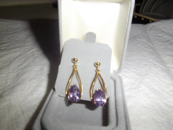 Solid 10kt Gold Amethyst Stud Dangle Earrings - image 2