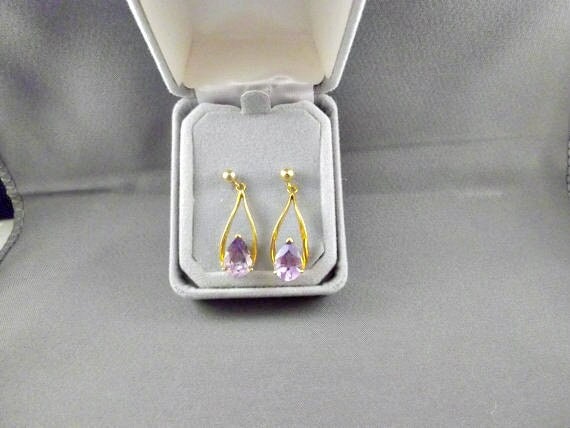 Solid 10kt Gold Amethyst Stud Dangle Earrings - image 1