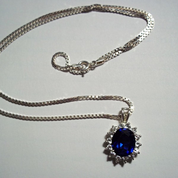 Princess Diana Lab-Created Sapphire & Diamond Pendant, Sterling Silver, Vintage