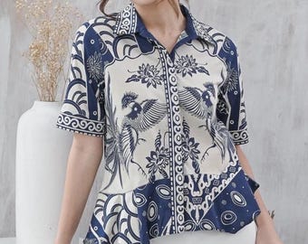 Handmade Batik Shirt – Navy White Bird Floral Pattern – Stretch Cotton - Indonesian Batik Clothes - KATCO
