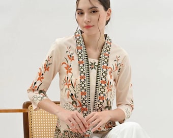Handmade Batik Blouse: Indonesian Floral Cotton Blazer