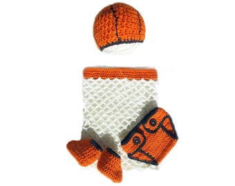 Baby Boy Basketball  5 Piece Crochet Set Newborn Going Home Outfit Baby Shower Expecting Mom Gift  Diaper Cover Hat Cocoon Shoes