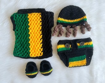 Bébé Rasta jamaïcain couleurs Crochet tenue, nouveau-né Photo Prop, infantile Crochet jaune vert, tenue 4 pièces, accessoires de tenue de bébé