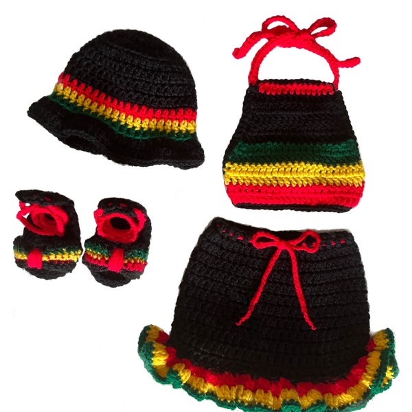 Baby Rasta Jamaican Colors Crochet Outfit , Baby GirlNewborn Photo Prop, infant Crochet Yellow Red Green , 4 Piece Outfit, Baby Props