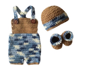 Baby Boy Blue Brown Handmade Crochet Overall Beanie Hat Shoes 3 Piece Set Newborn First Photoshoot Designer Outfit