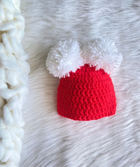 Red and White Double Pom Pom Crochet Baby Christmas Hat Going Home