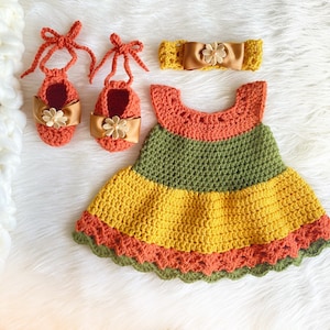 Orange Green Yellow Autumn Dress Crochet 3 Piece Outfit Designer Ballet Shoes Newborn Baby Coming Home Set Photo Prop