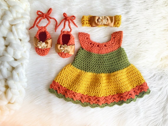 Orange Green Yellow Autumn Dress Crochet 3 Piece Outfit Designer Ballet Shoes Newborn Baby Coming Home Set Photo Prop