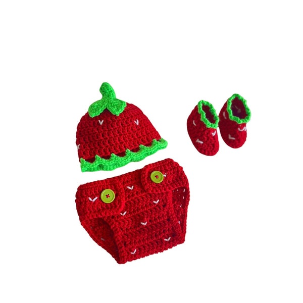 Tenue d'été aux fraises, accessoire photo nouveau-né, costume d'Halloween au crochet pour bébé, tenue 3 pièces, accessoires de tenue de bébé, chaussures couvre-couches chapeau