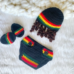 Baby Rasta Jamaican Colors Crochet Outfit , Newborn Photo Prop, infant Crochet Yellow Red Green , 3 Piece Outfit, baby outfit props