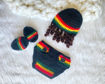 Baby Rasta Jamaican Colors Crochet Outfit , Newborn Photo Prop, infant Crochet Yellow Red Green , 3 Piece Outfit, baby outfit props