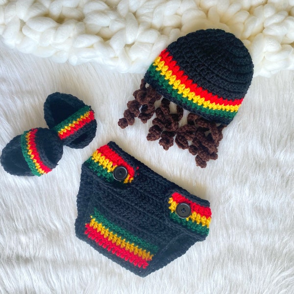 Tenue au Crochet couleurs jamaïcaines rasta bébé, accessoire photo nouveau-né, bébé au Crochet jaune rouge vert, tenue 3 pièces, accessoires de tenue de bébé