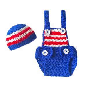 Baby Boy Red White and Blue Handmade Crochet Overall Shortalls Beanie 2 piece Set  Newborn First Photoshoot Designer Outfit USA 4th of July