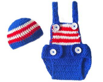 Baby Boy Red White and Blue Handmade Crochet Overall Shortalls Beanie 2 piece Set  Newborn First Photoshoot Designer Outfit USA 4th of July