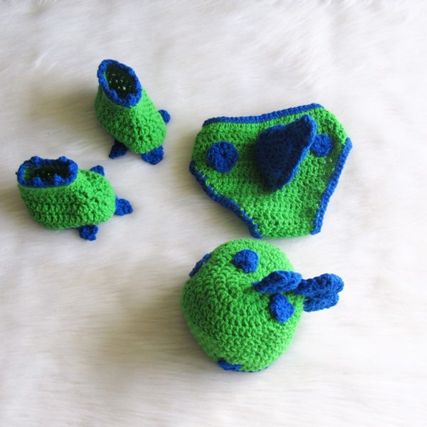 Baby Dino Photo Prop Crochet Outfit , Newborn 4 piece set , Blue and Green