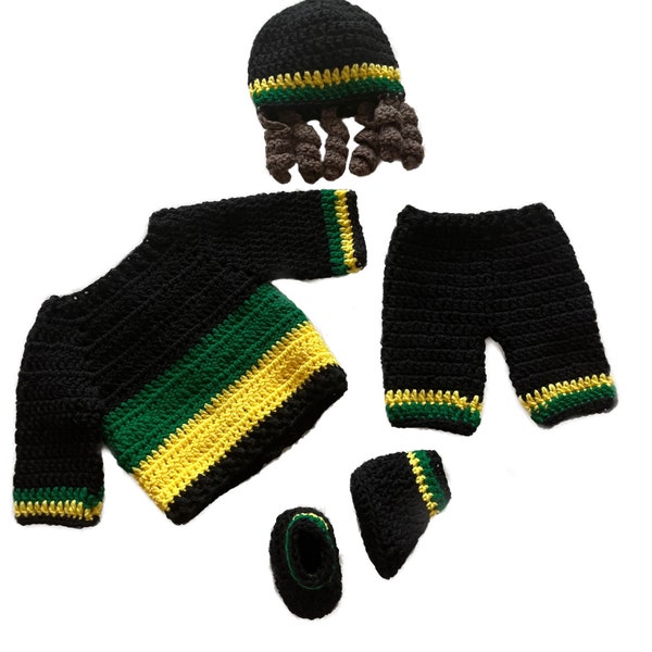 Baby Rasta Jamaican Colors Crochet Outfit , Newborn Photo Prop, infant Crochet Yellow Green , 4 Piece Outfit, baby outfit props