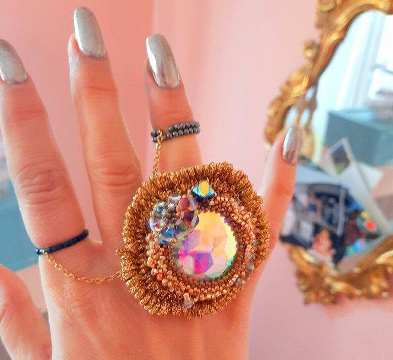 Oversized Crystal Cocktail Ring Gold Beadwoven Statement Ring Flower Bold Extra Large Woman Ring