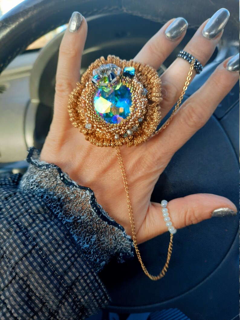 Oversized Crystal Cocktail Ring Gold Beadwoven Statement Ring Etsy