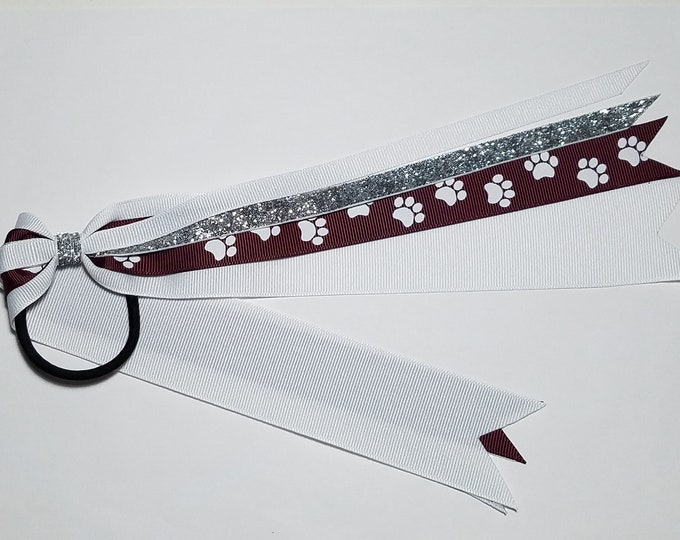 Maroon White Paw Print Ponytail Streamer *You Choose Solid Ribbon Color- Glitter Color & Length*