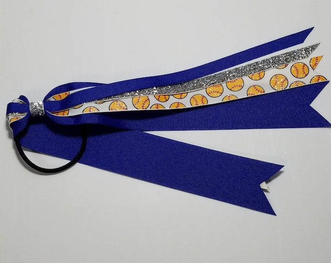 Softball Print Glitter Ponytail Streamer *You Choose Solid Ribbon Color- Glitter Color & Length*